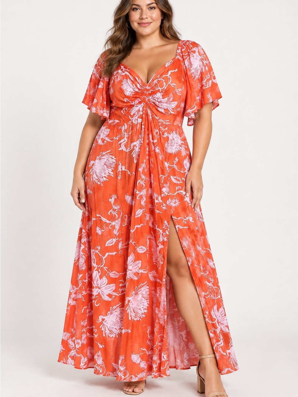 Ava & Viv Flutter Sleeve Sweetheart Floral Orange Dress 1x d6